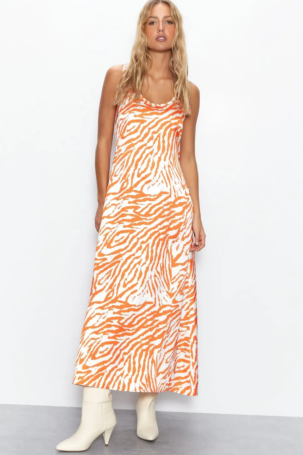 Zebra Printed Scoop Neck Satin Midi Slip Dress