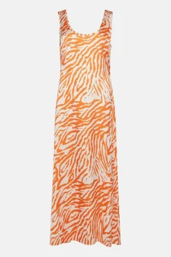 Zebra Printed Scoop Neck Satin Midi Slip Dress