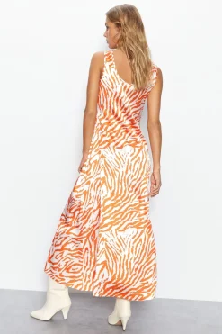 Zebra Printed Scoop Neck Satin Midi Slip Dress
