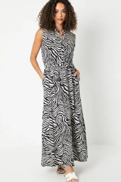 Zebra Print Jersey Pocket Detail Belted Shirt Dress
