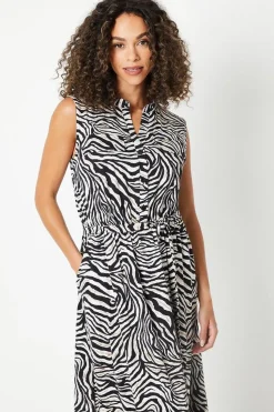 Zebra Print Jersey Pocket Detail Belted Shirt Dress