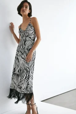Zebra Print Strappy Fringing Midi Dress