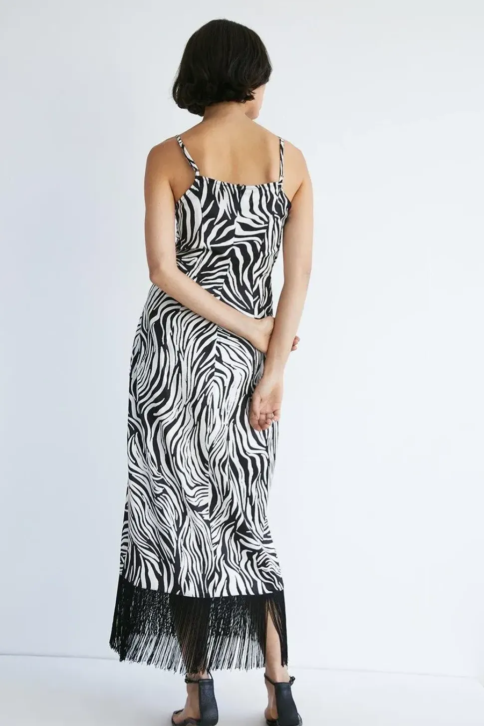 Zebra Print Strappy Fringing Midi Dress