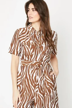 Zebra Print Viscose Blend Belted Utility Jumpsuit