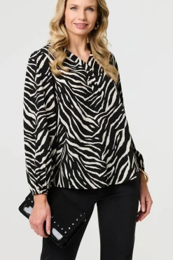 Zebra Print V-Neck Long Sleeve Blouse