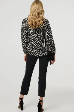 Zebra Print V-Neck Long Sleeve Blouse