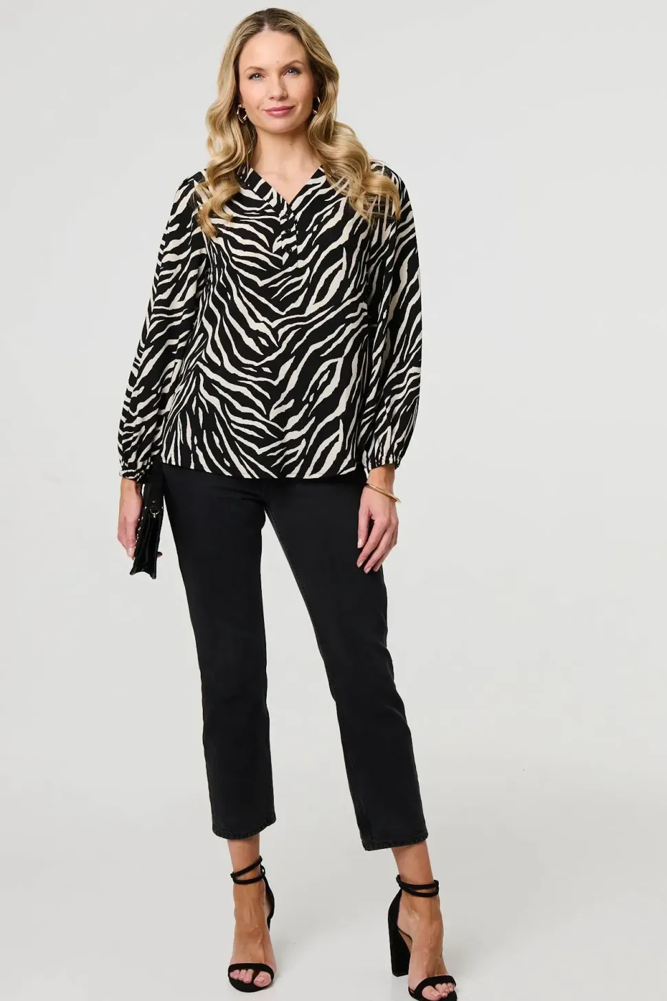 Zebra Print V-Neck Long Sleeve Blouse