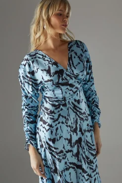 Zebra Satin Batwing Bias Midi Dress
