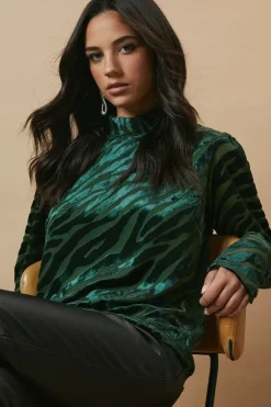 Zebra Velvet High Neck Button Detail Blouse