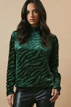 Zebra Velvet High Neck Button Detail Blouse