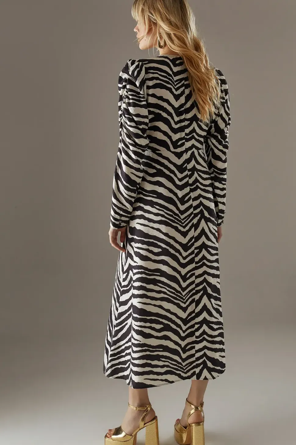 Zebra Viscose V Neck Long Puff Sleeve Midi Dress