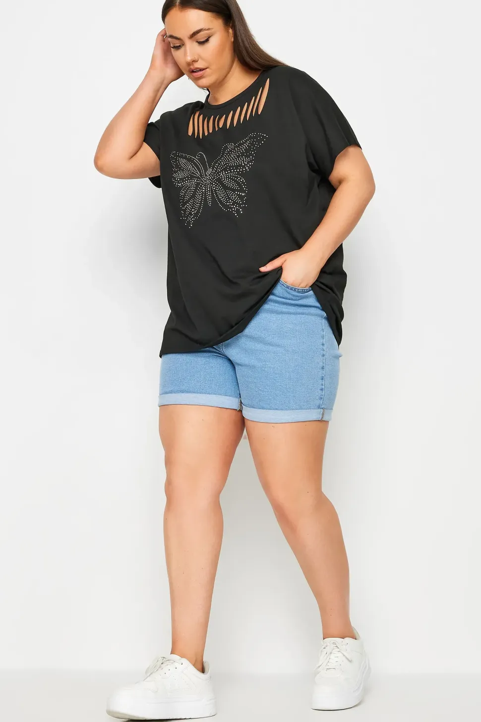 Zip Butterfly Embellished T-Shirt