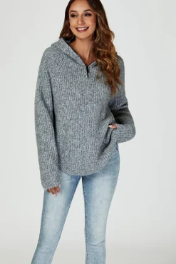 Zip Detail Knit Hoodie In Grey