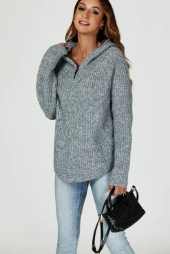 Zip Detail Knit Hoodie In Grey