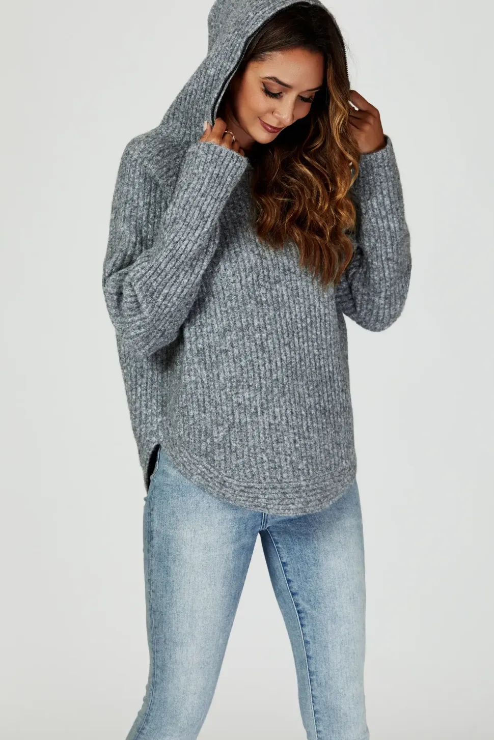 Zip Detail Knit Hoodie In Grey