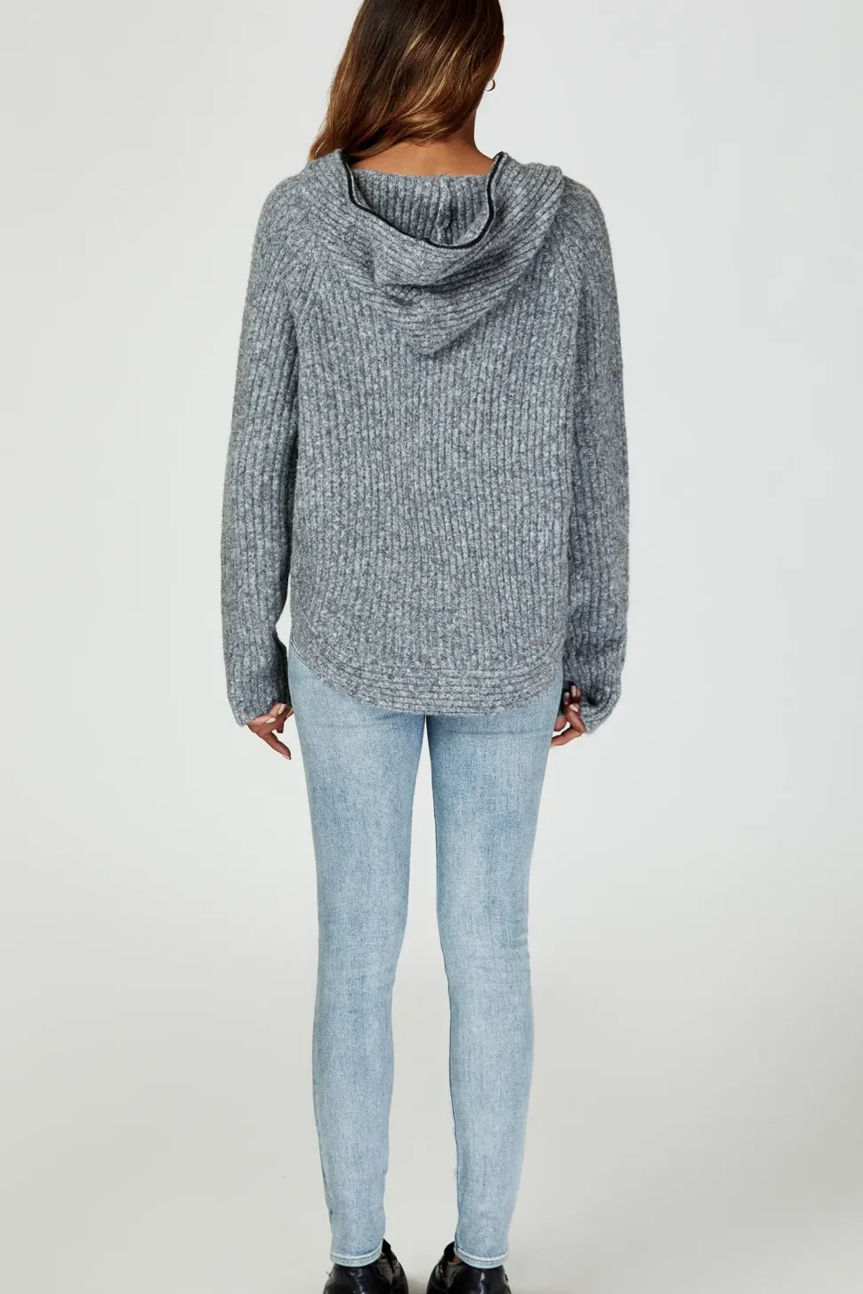 Zip Detail Knit Hoodie In Grey
