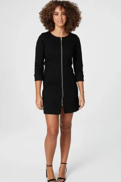 Zip Front Collarless Denim Dress