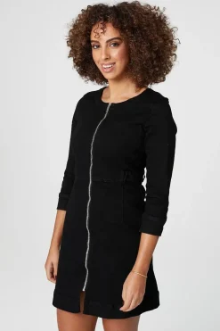 Zip Front Collarless Denim Dress