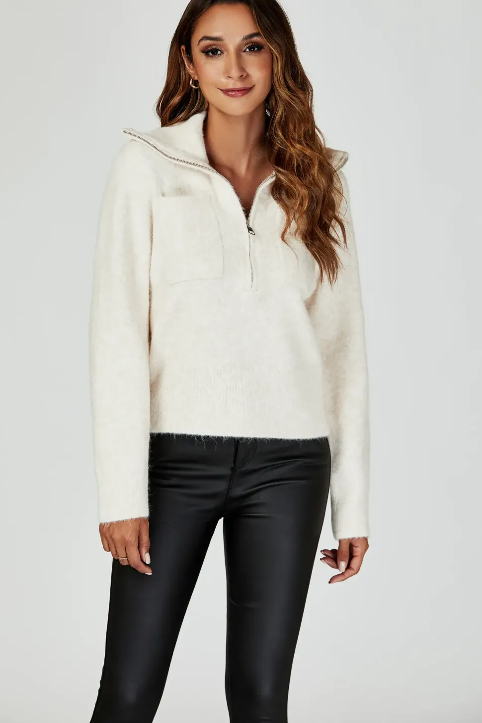 Zippered turtleneck Knit Top In Cream