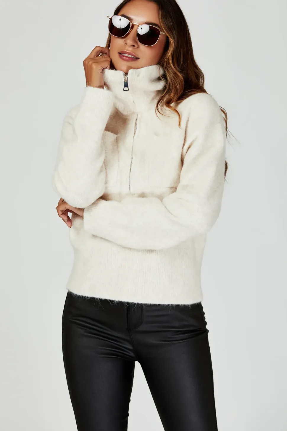 Zippered turtleneck Knit Top In Cream