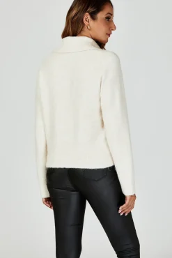 Zippered turtleneck Knit Top In Cream