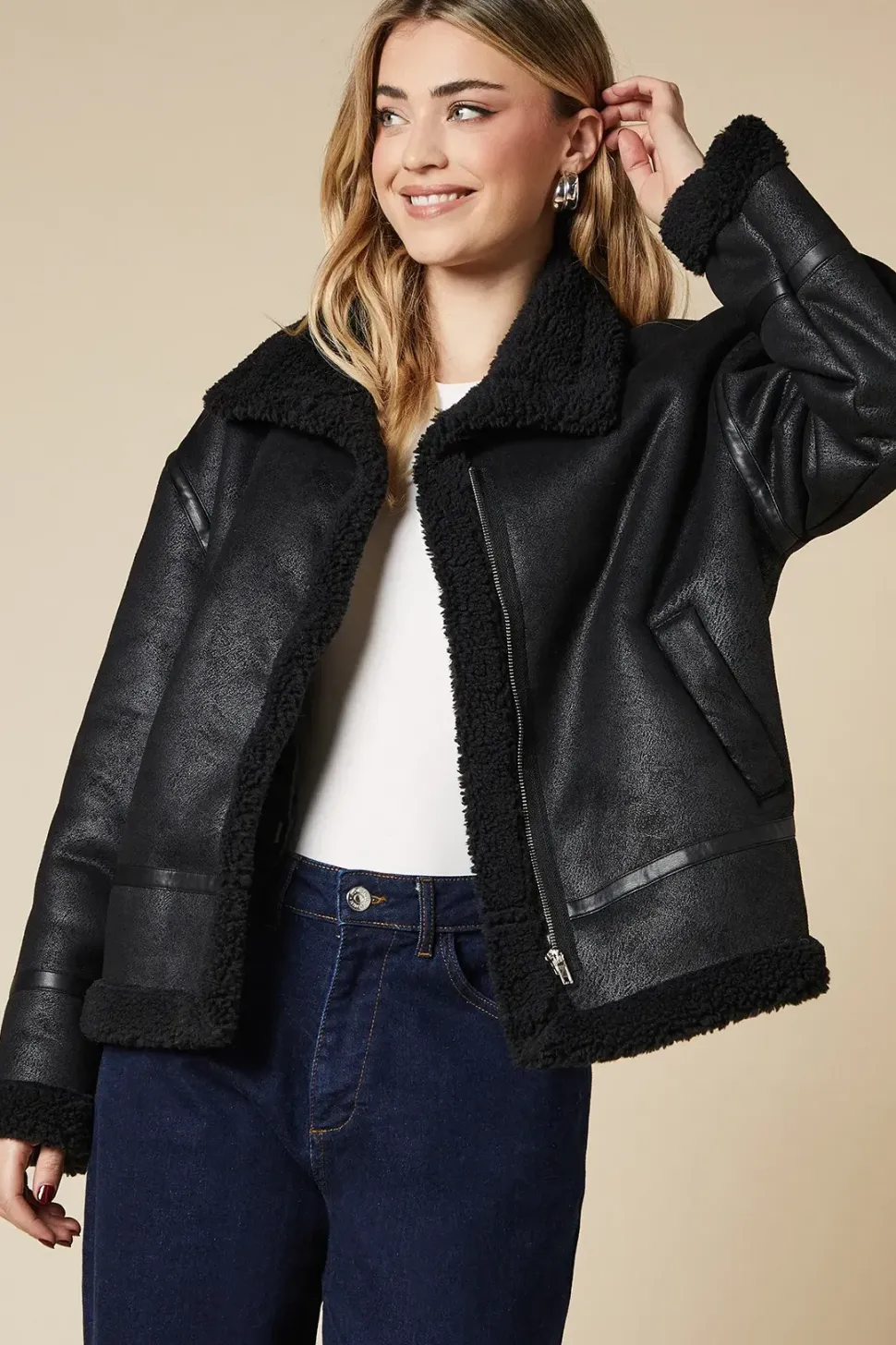 Zip Through Borg Aviator Jacket